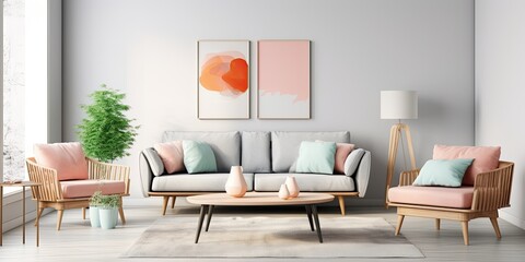 Unique living room design with stylish furniture, decor, and modern accents. Template.