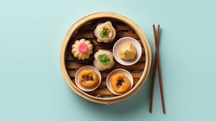 Fototapeta na wymiar Variety of traditional Asian dim sum in an elegant bamboo steamer on a light pastel background. Concept: food culture, culinary master classes and gourmet dinners 