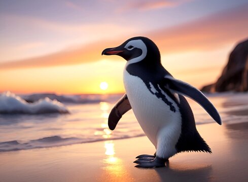 Funny penguin going to the sea during a beautiful sunset. ool background