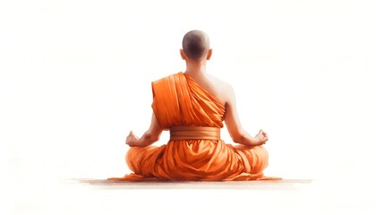 Illustration of a monk meditating in an orange robe in a watercolor style.