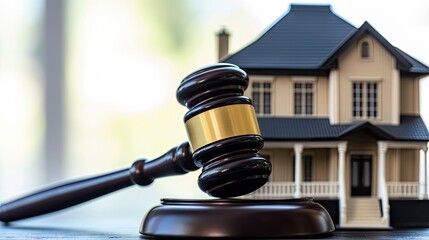 A different angle showcasing the gavel on a house during an auction, emphasizing the legal process and competitive dynamics in the real estate market, ideal for marketing property transactions