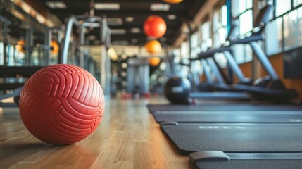 Different sports equipment and fitness ball in gym - obrazy, fototapety, plakaty
