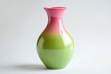 A green and pink vase sitting on a white surface. Perfect for home decor or floral arrangements