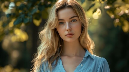 Fototapeta premium A woman in a blue shirt posing for a picture. Suitable for use in photography, social media, and lifestyle content
