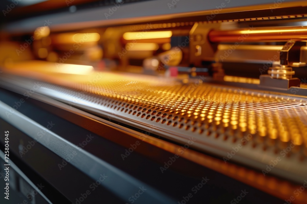 Poster a detailed view of a conveyor belt in a factory. this image can be used to depict manufacturing proc