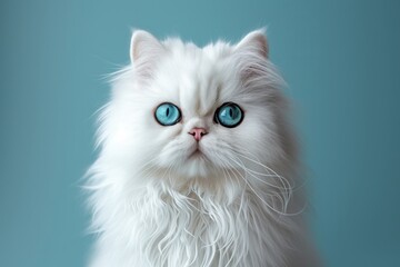 A white fluffy Persian cat with big blue eyes looks at the camera