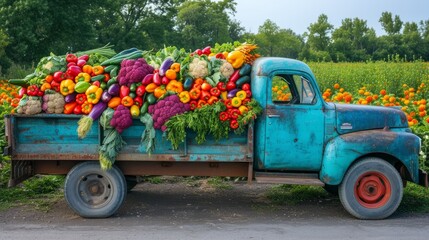 Fresh vegetables on blue pick.up truck