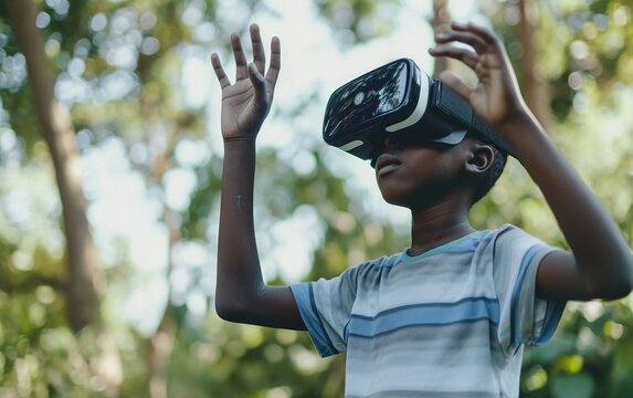 casual african boy wearing VR headset with gesture hands