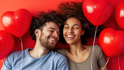 romantic happy couple with red balloons