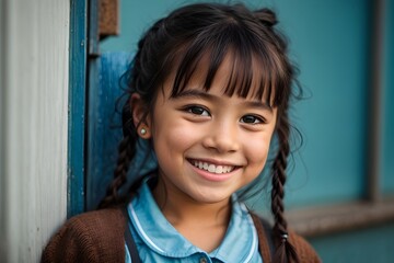 little girl smiling on a blue background, school, back to school, education

