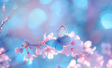 Fototapeta na wymiar Butterfly on cherry blossoms with bokeh lights on a blue background. Springtime nature and wildlife concept. Design for greeting card, invitation, banner, poster. Macro shot with copy space.
