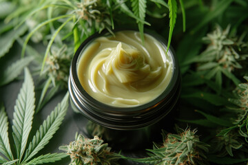 Herbal Cannabis Cream with Aromatics.
Natural cannabis cream on a wooden surface with lavender...