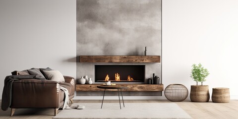 Minimalistic living room with a gas fireplace featuring a rustic wooden mantel and leather furniture.