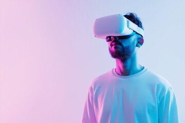 AI generated advertisment shot man wearing vr glasses.