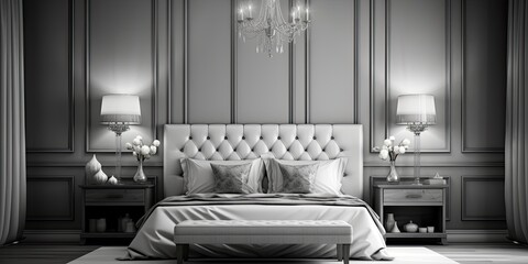 Luxurious monochrome bedroom with double bed on wooden floor, adorned with stylish bedside lamps. image.