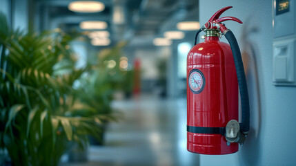 Fire extinguisher hanging on an office wall, safety measures at work. Fire emergency, blurred background, copy space.