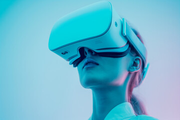 AI generated advertisment shot woman wearing vr glasses.