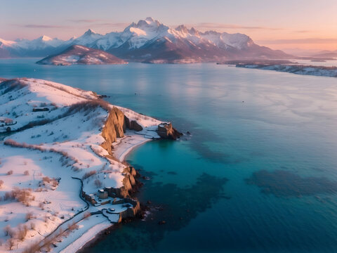Beautiful landscape with blue sea, snowy mountains, rocks and islands, village, road, bridge and pink sky at sunrise. Aerial view. Snow in winter islands © Mx
