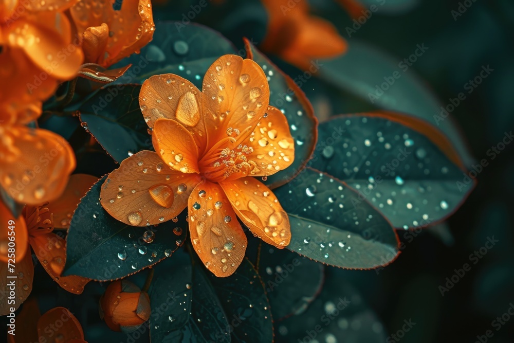 Poster a detailed view of a flower with glistening water droplets. perfect for adding a touch of freshness 