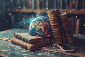 books and a globe on a table in a modern interior, the concept of education and travel, 3D illustration