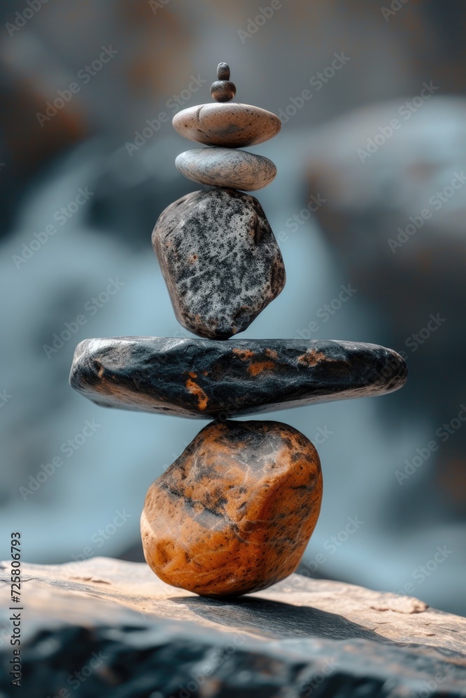 Poster A stack of rocks placed on top of a larger rock. This image can be used to symbolize balance, harmony, and stability in various contexts