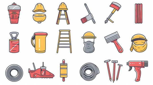 Painter tools flat line icons set Home renovating equipment roller paintbrush ladder masking tape, respirator vector illustrations. Outline signs interior design. Pixel perfect Editable Strokes