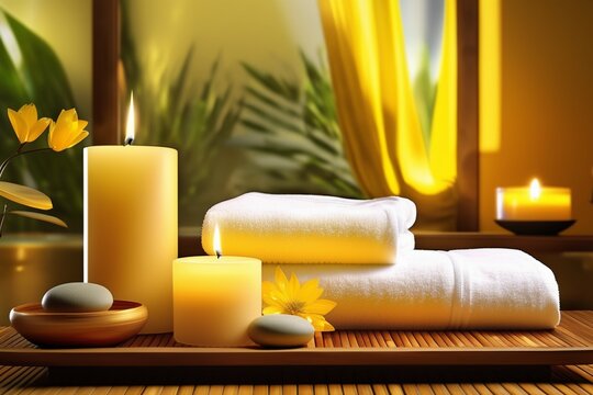 spa setting with candles, yellow color scheme