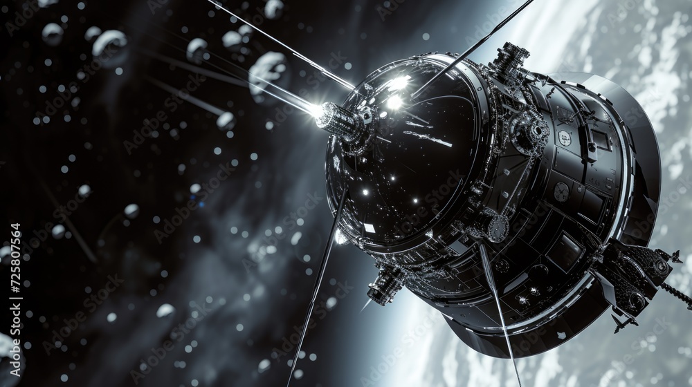 Poster A picture of a space station floating in the vastness of outer space. This image can be used to depict futuristic technology, space exploration, or the wonders of the universe