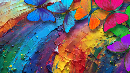 colors of rainbow. colorful brush strokes of oil paint on the canvas and tropical morpho...