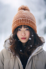 An asian girl wearing a hat walking through a snowy forest. Generative AI