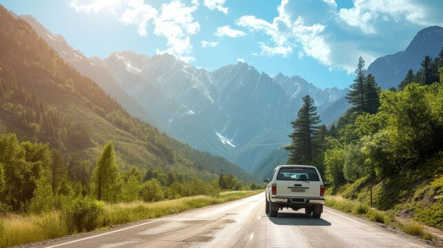 Pickup truck running on the beautiful road along the mountains and forest. Front side view of a pickup truck with a snorkel on a highway road and majestic nature in the background