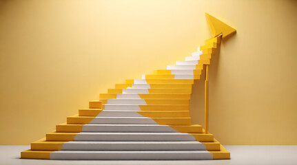 Rising arrow on staircase on yellow back.Generative AI