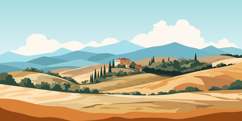 Landscape view of Tuscany hills. Italian countryside panorama with olive trees, old farmhouses and cypress. Rural panoramic scenery landscape. Vector illustration