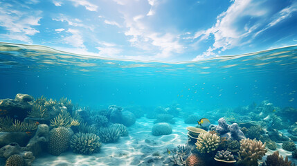 Cross-section of tropical marine seascape. Sunlight illuminating exotic underwater world with coral riffs, sponges, and fish. Clean ocean with healthy ecosystem. Beautiful seafloor. - obrazy, fototapety, plakaty