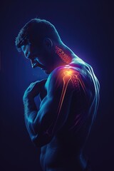 Digitally generated image of man suffering with shoulder inflammation. Agonizing shoulder inflammation limits mobility and causes discomfort.