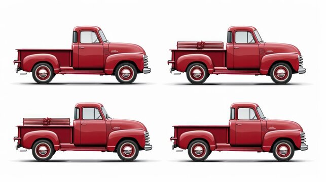 Retro car vector mockup on white background. Isolated red pickup truck view from side, front, back, top. All elements in the groups on separate layers for easy editing and recolor