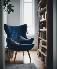 Poltrona azul em um quarto de apartamento