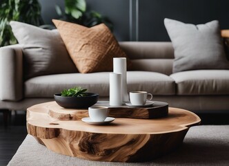 Interior de sala de estar com uma mesa de madeira rústica com os pés de metal