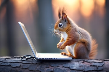 Squirrel Interacting with Laptop in Nature