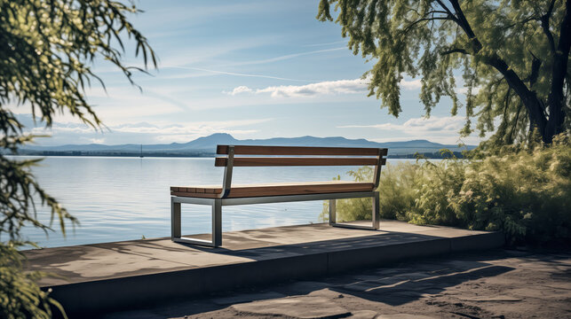 Serene Lakeside View with Empty Bench