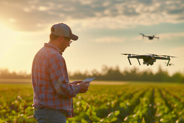 A drone agriculture scene where a farmer uses a tablet to control drones surveying crops, highlighting precision farming and technology use in agriculture