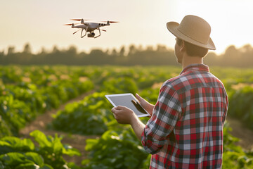 A drone agriculture scene where a farmer uses a tablet to control drones surveying crops, highlighting precision farming and technology use in agriculture - obrazy, fototapety, plakaty