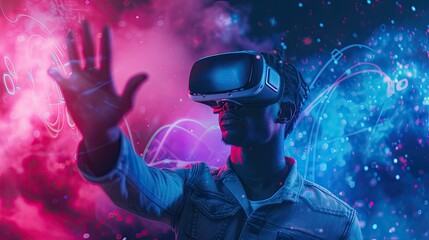 black man in a VR headset, exploring the metaverse world, touching virtual reality subjects, and featuring copy space on the left, showcasing the futuristic and immersive experience of virtual reality