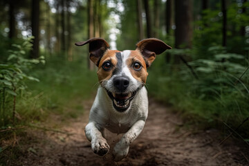 Spirited jack russell dog dashes through a lush forest, following a winding trail with every bound.