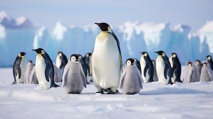 The Emperor Penguins family with their babies walk on snow, ice against the background of icebergs and blue sky in Antarctica. Wild Arctic nature, Birds, Winter and cold concepts.