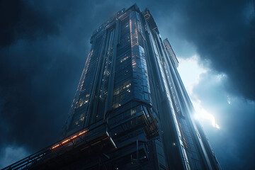 Obraz premium Ethereal Heights: towering skyscraper emerges gracefully amidst a sea of clouds, its remarkable presence accentuated by the ethereal atmosphere.