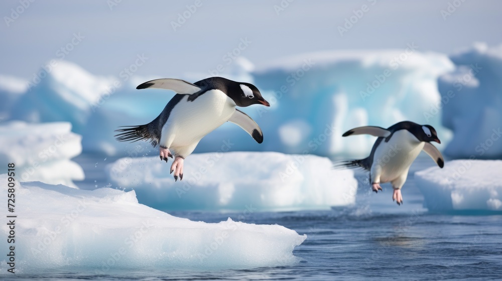 Poster two adelie penguins jump into the water from a snow floe in antarctica at the same time. wild arctic