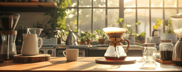 Coffee brewing culture. Coffee filter. Sunlight. Warm rays. Kitchen interior. - obrazy, fototapety, plakaty