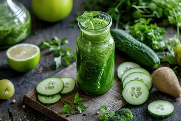 Green fruit and vegetable smoothies in a glass bottle