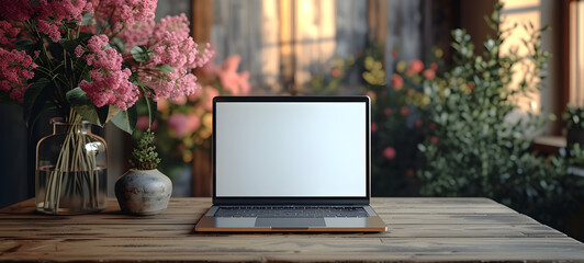 Mockup. Laptop. Plants. Soft colors.